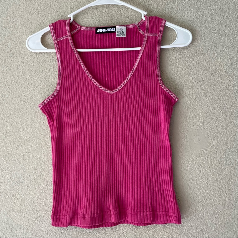 Vtg Y2K Contrast Stitch Cotton Tank in Hot Pink
